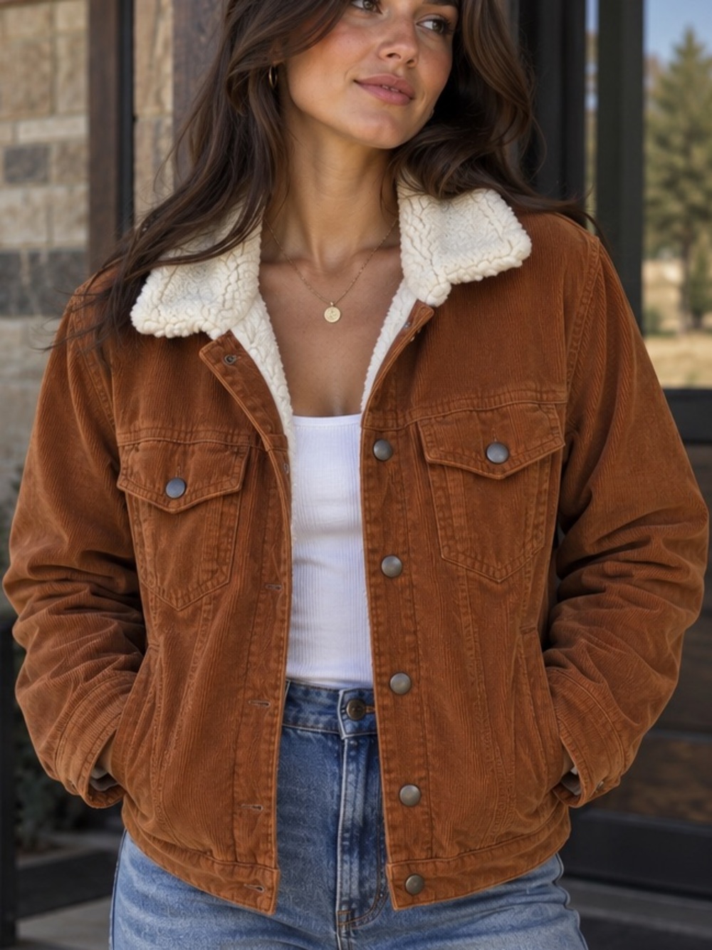 Highway Jeans Rust Brown Corduroy Jacket with White Sherpa Collar